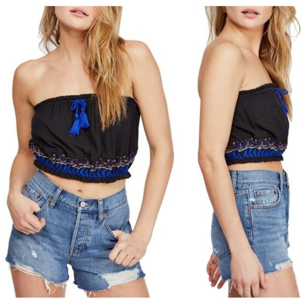 Free People No More Tiers Embroidered Crop Top Tube Top Black Size X-Small